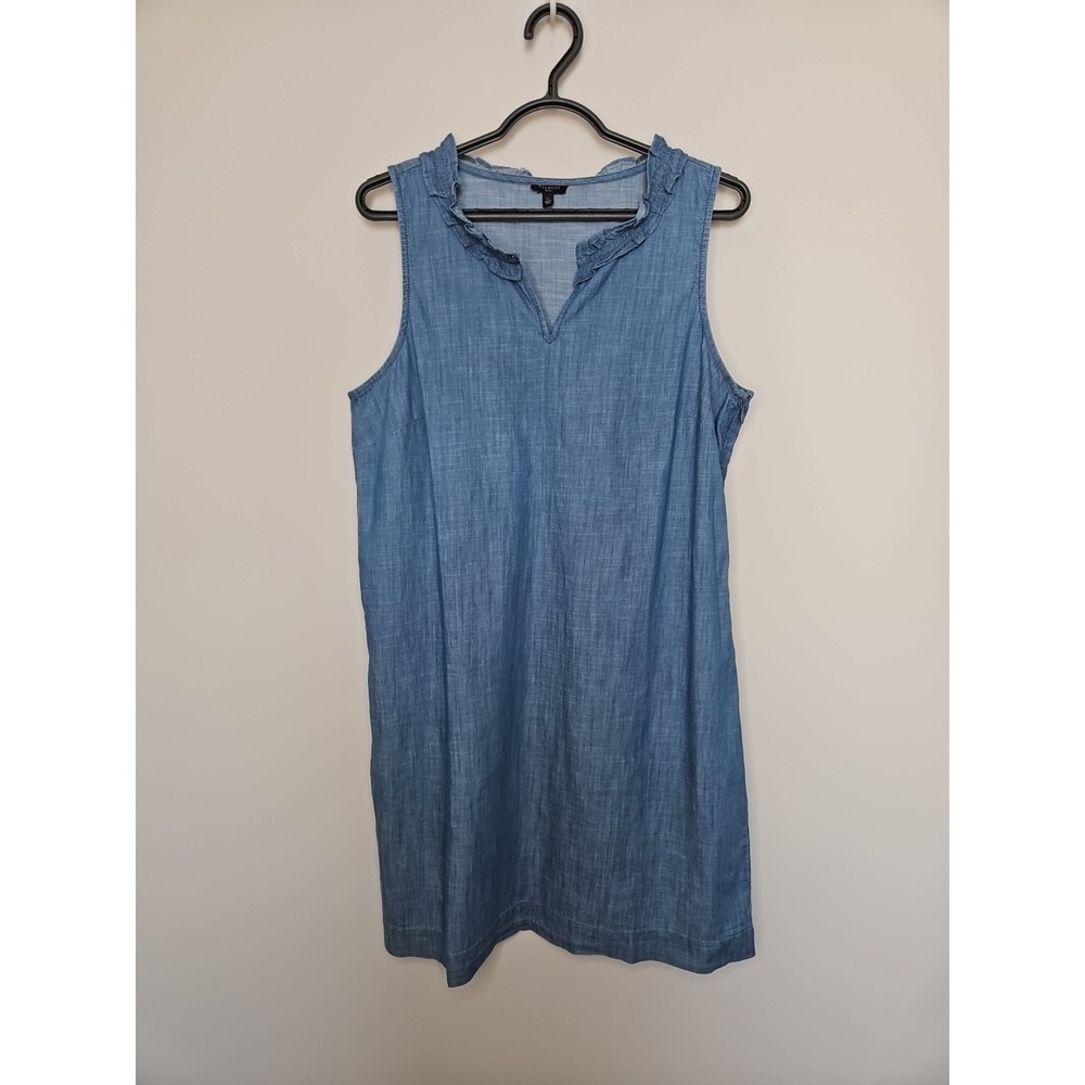 Talbots Dress LP Blue Chambray Shift Ruffle Neck Cotton Minimalist Timeless Chic